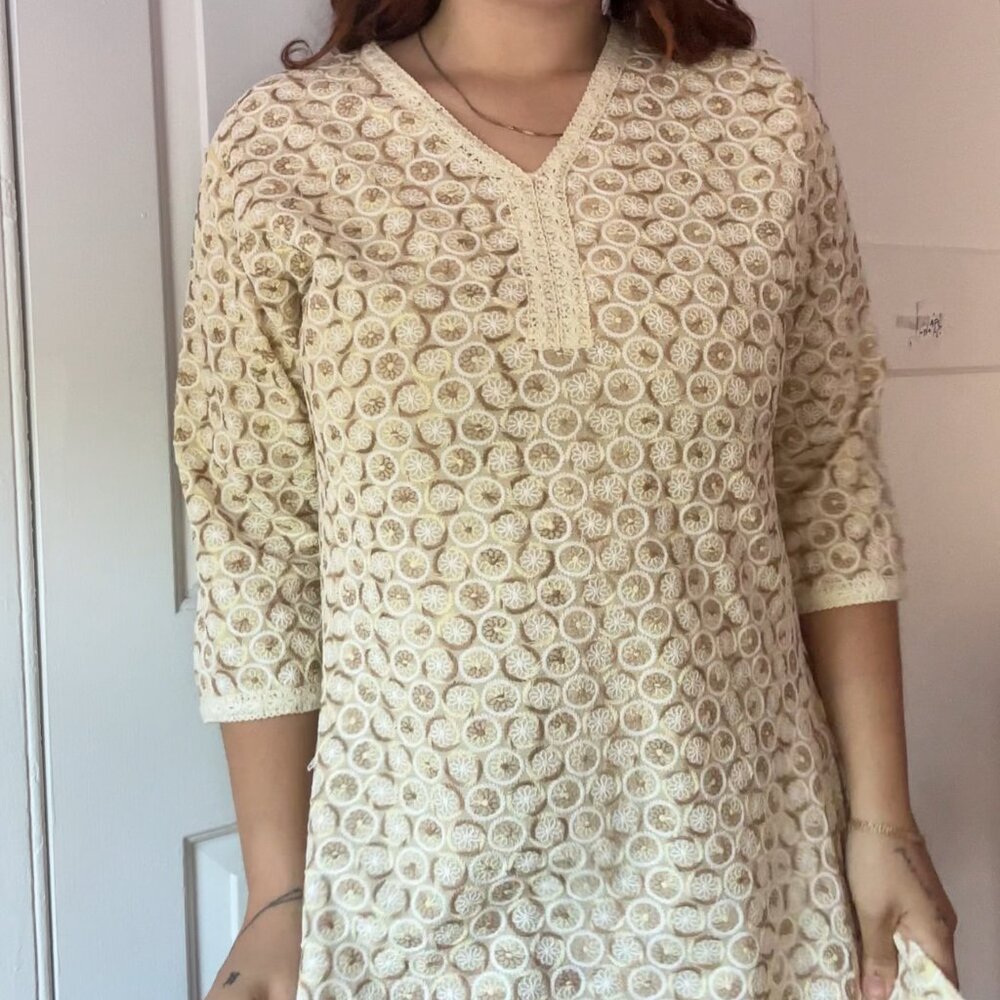 Vintage Embroidered Cream Tunic Dress – Boho 60s/70s Style – Size M (8/10)